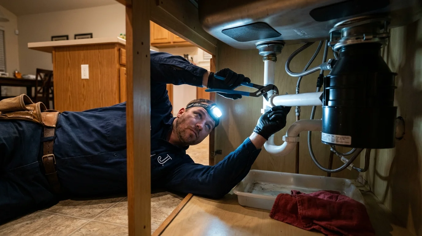 P-trap and supply line connections under a kitchen sink showing a common leak point in Hernando, MS